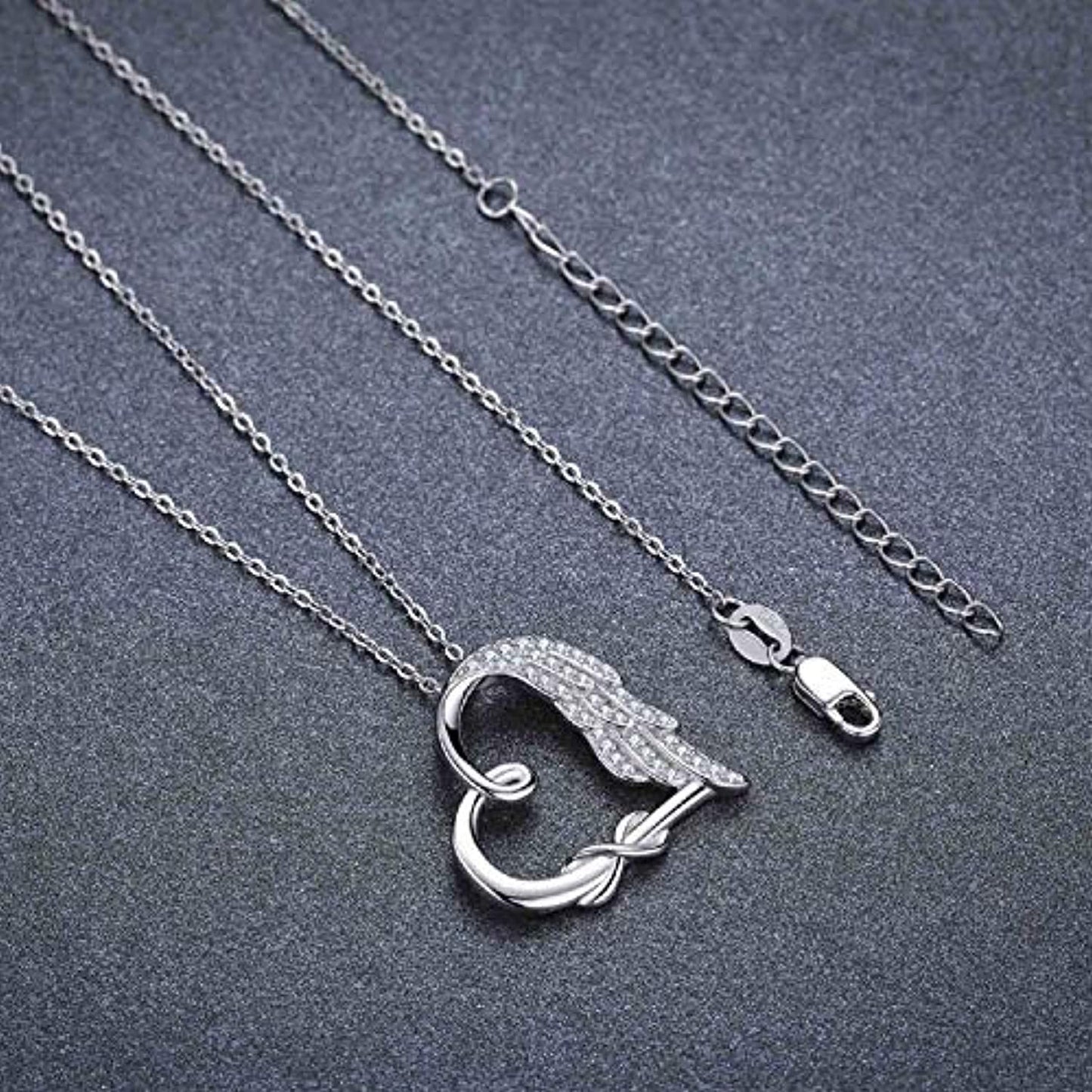 Sterling Silver Guardian Angel Wings Heart Shape Infinity Symbol Pendant Necklace