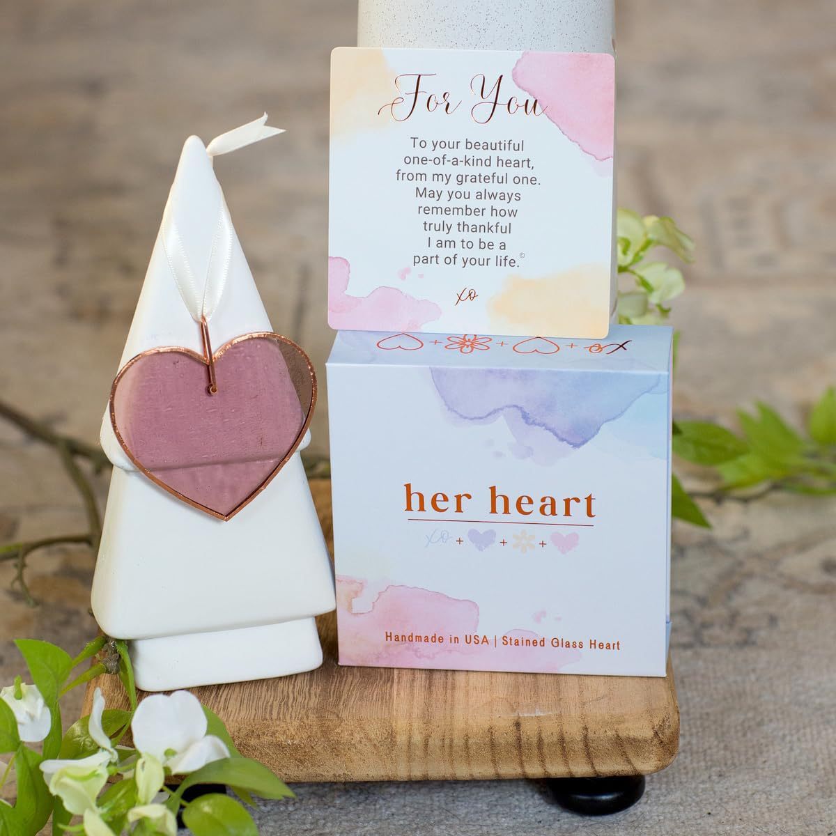 Specially for her - stained glass keepsake heart with special message