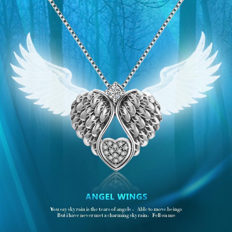 Sterling Silver Guardian Angel Wing Pendant Necklace with teardrop design