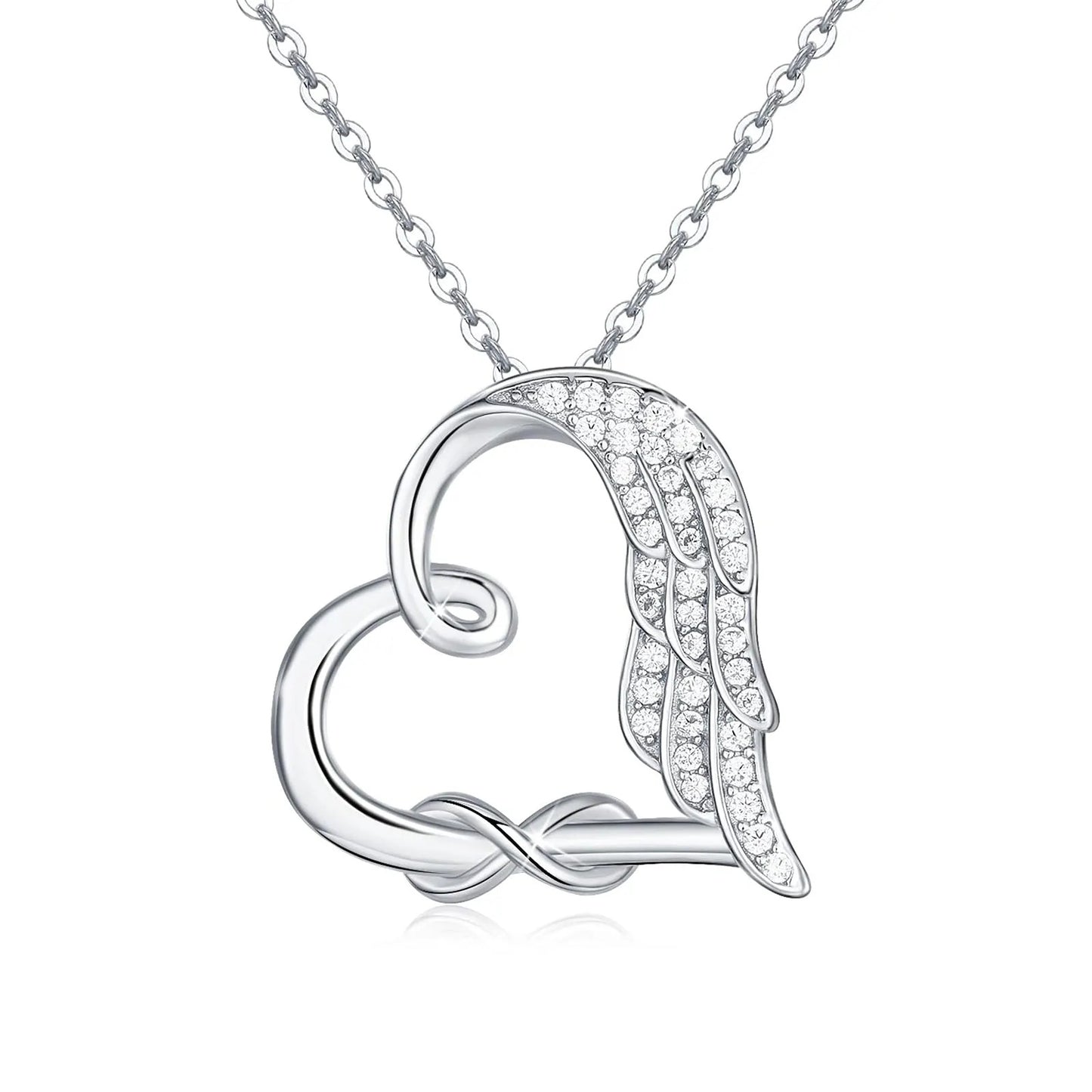 Sterling Silver Guardian Angel Wings Heart Shape Infinity Symbol Pendant Necklace