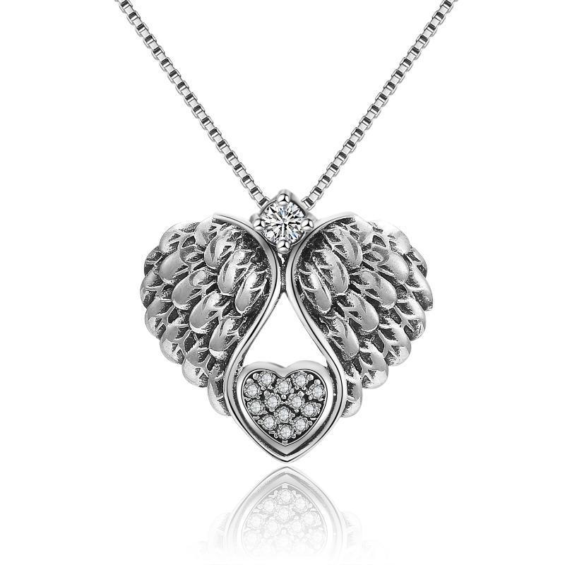 Sterling Silver Guardian Angel Wing Pendant Necklace with teardrop design