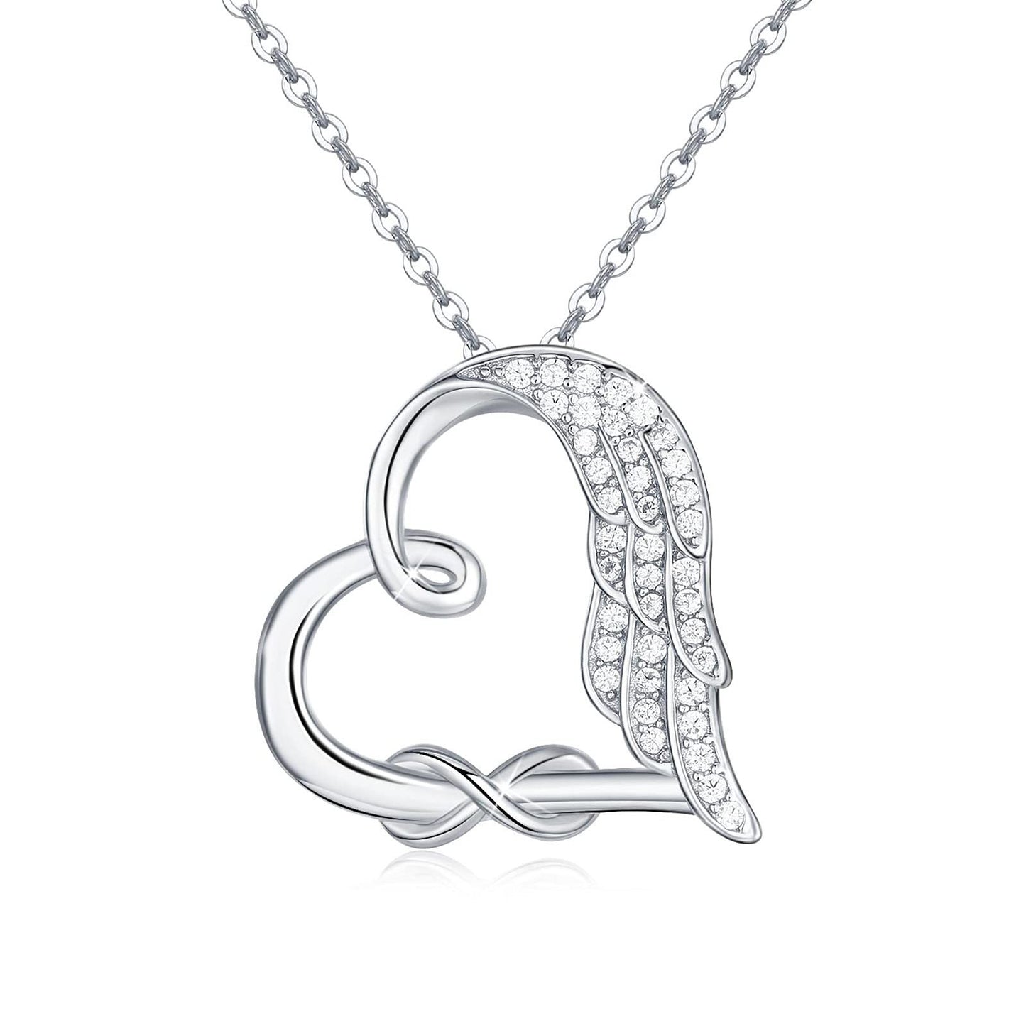 Sterling Silver Guardian Angel Wings Heart Shape Infinity Symbol Pendant Necklace